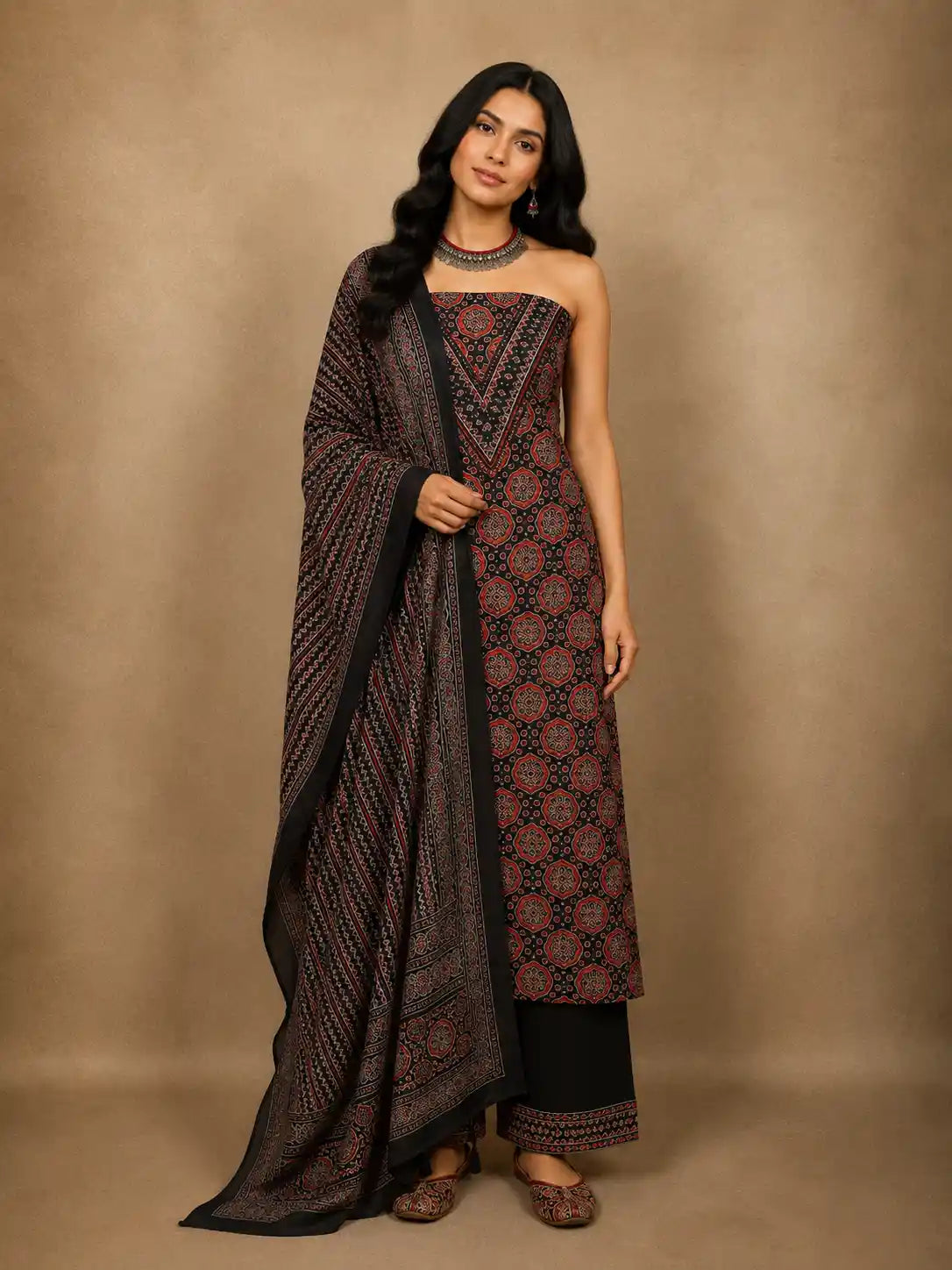 Classic Midnight Black Traditional Ajrakh Printed Design Cotton Unstitched Salwar Material