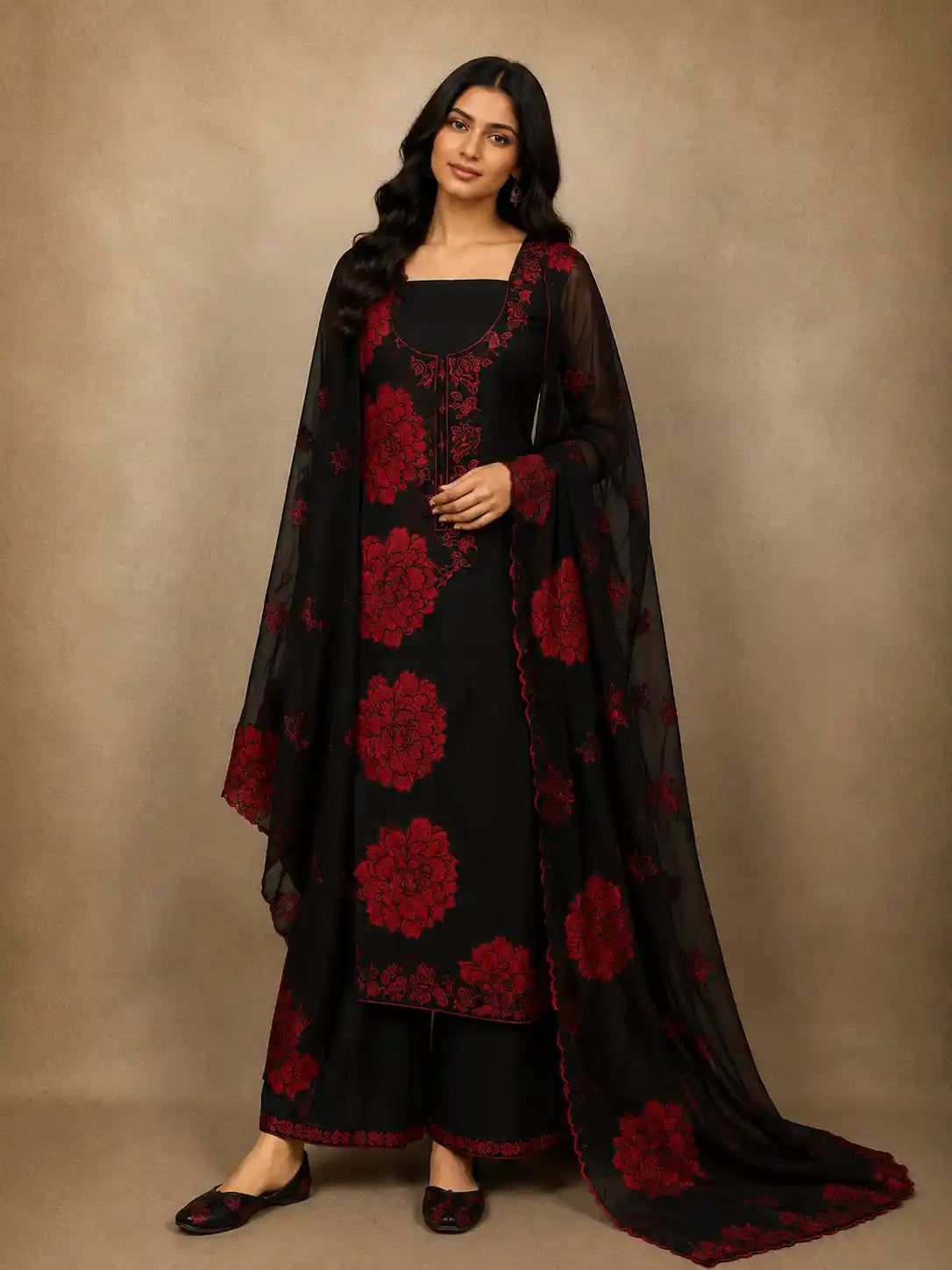 Classic Midnight Black with Bold Crimson Red Floral Embroidered Design Georgette Unstitched Salwar Material