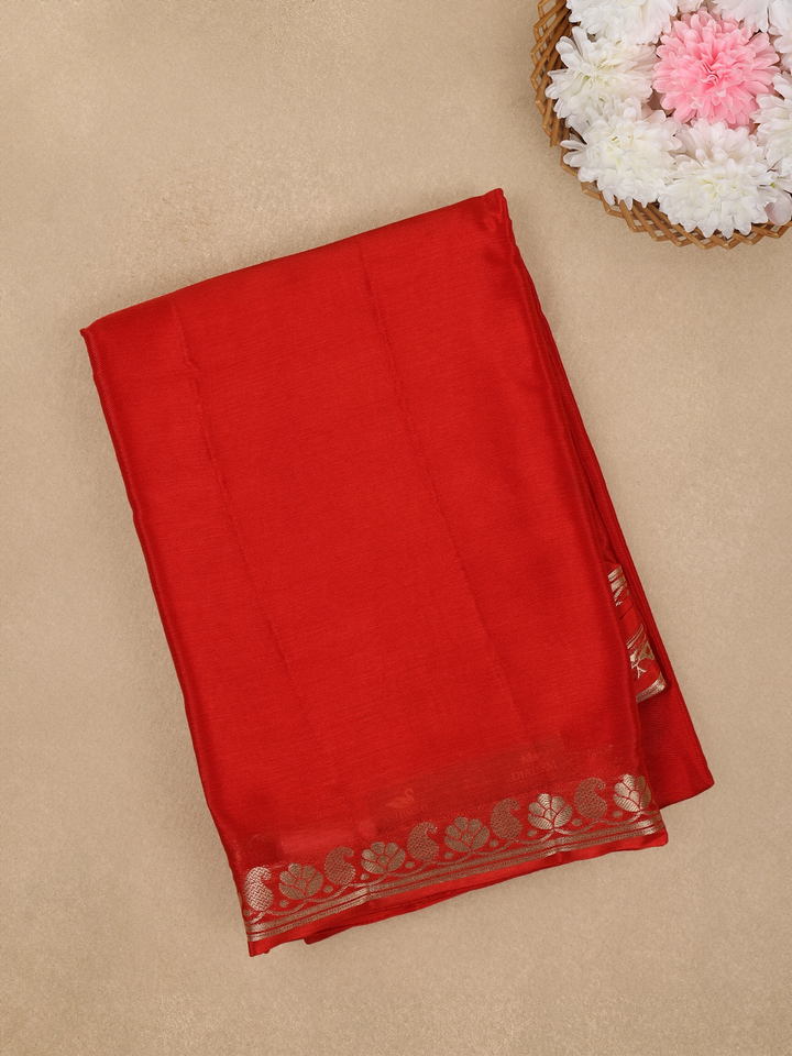 Classic Red Antique Gold Zari Border Mysore Silk Saree - Diadem