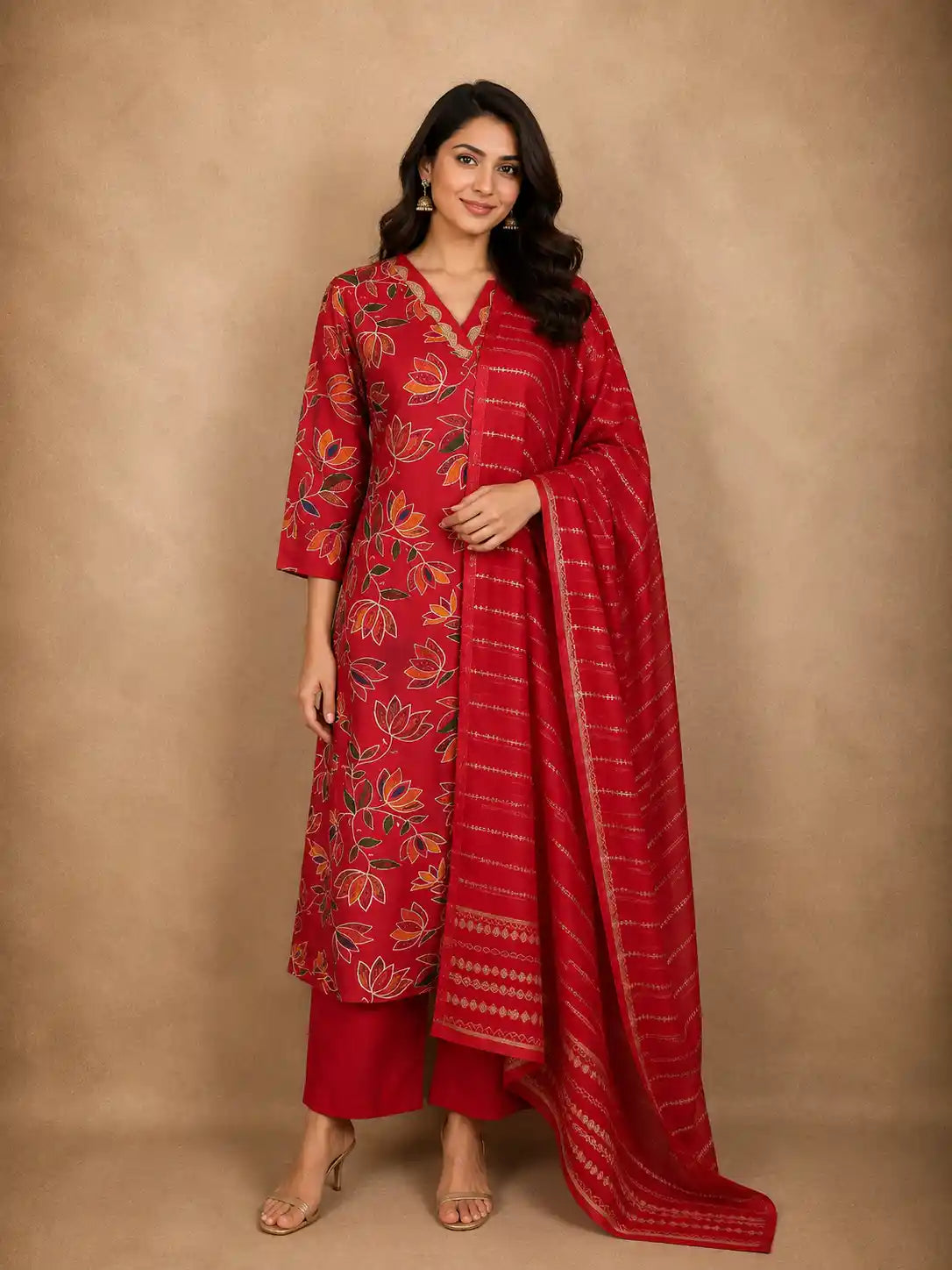Classic Ruby Red Floral Printed Design Cotton Salwar Suit with Dupatta