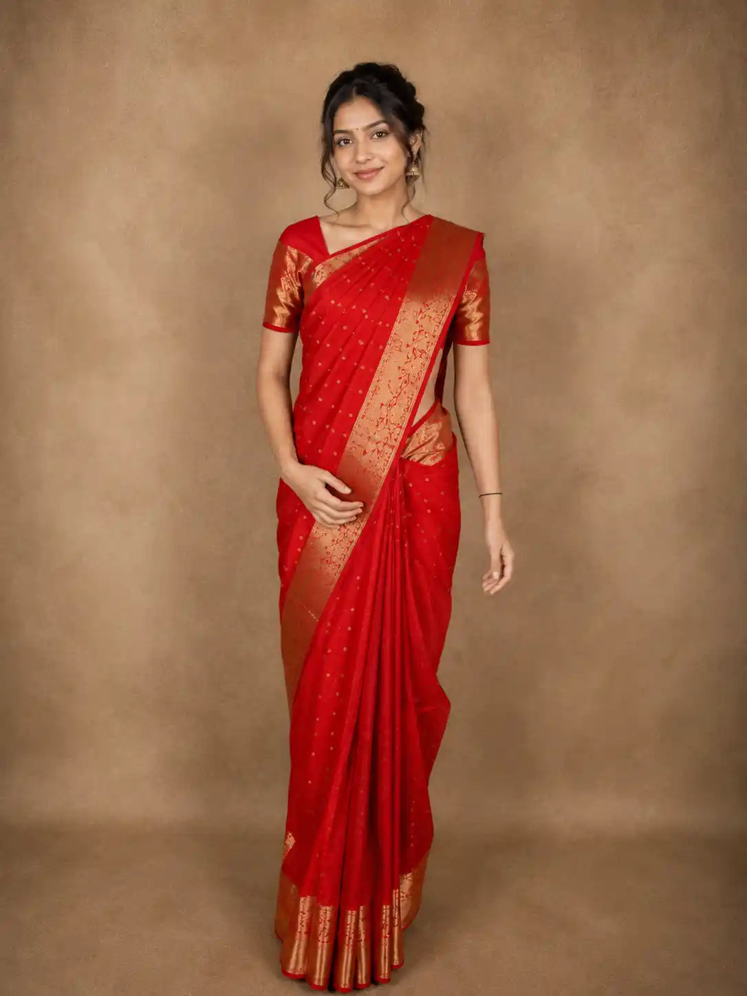 Classic Vermilion Red Butta Zari Woven Design Pure Kanchipuram Silk Saree with Zari Border