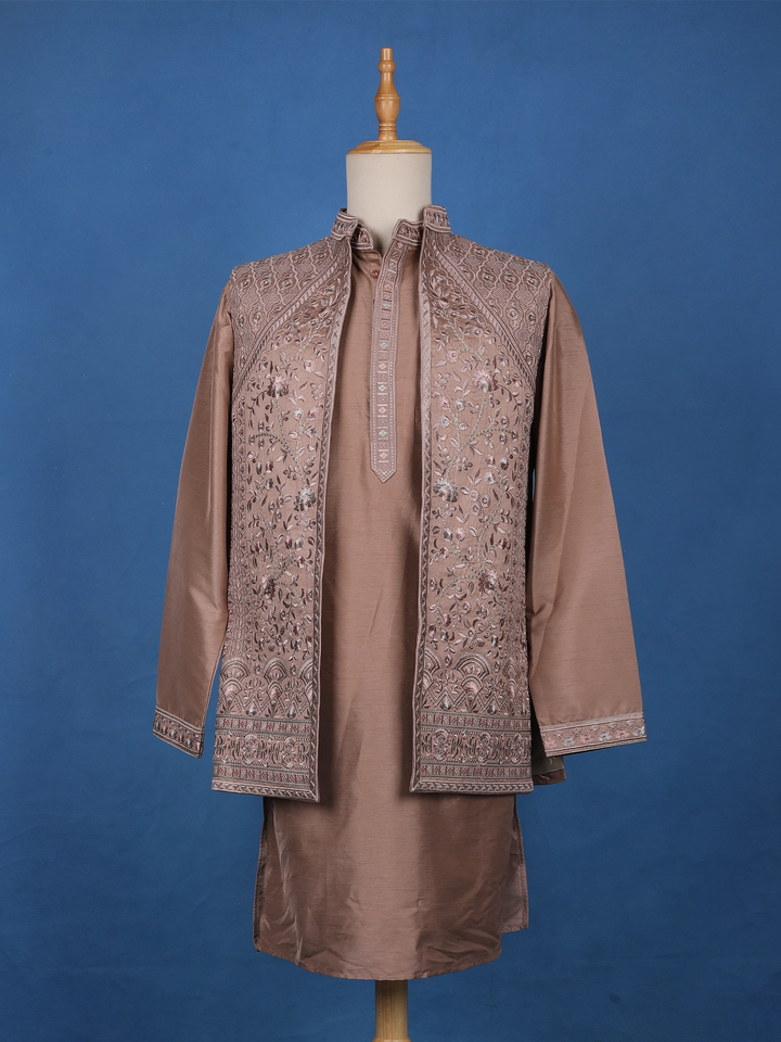 Cocoa Brown Floral Embroidered Brocade Kurta Pyjama - Diadem