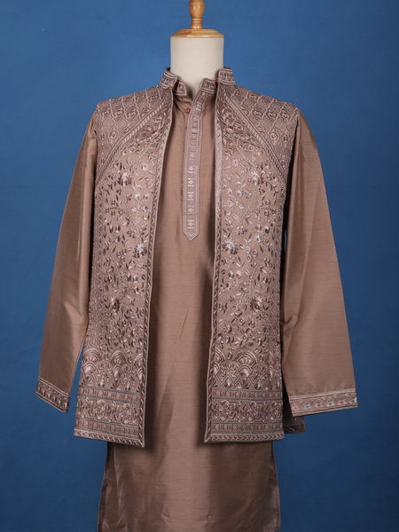 Cocoa Brown Floral Embroidered Brocade Kurta Pyjama - Diadem