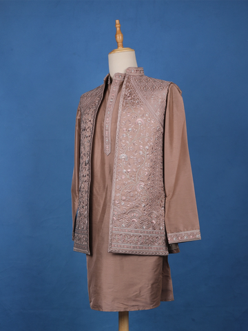 Cocoa Brown Floral Embroidered Brocade Kurta Pyjama - Diadem