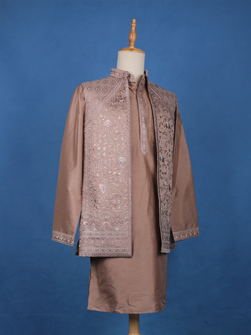 Cocoa Brown Floral Embroidered Brocade Kurta Pyjama - Diadem