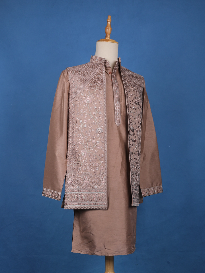 Cocoa Brown Floral Embroidered Brocade Kurta Pyjama - Diadem