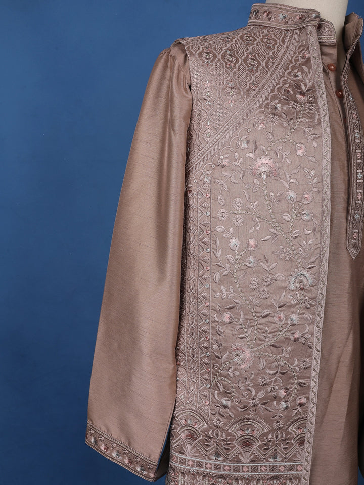 Cocoa Brown Floral Embroidered Brocade Kurta Pyjama - Diadem
