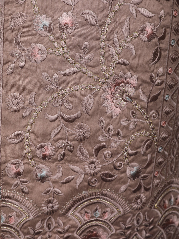 Cocoa Brown Floral Embroidered Brocade Kurta Pyjama - Diadem