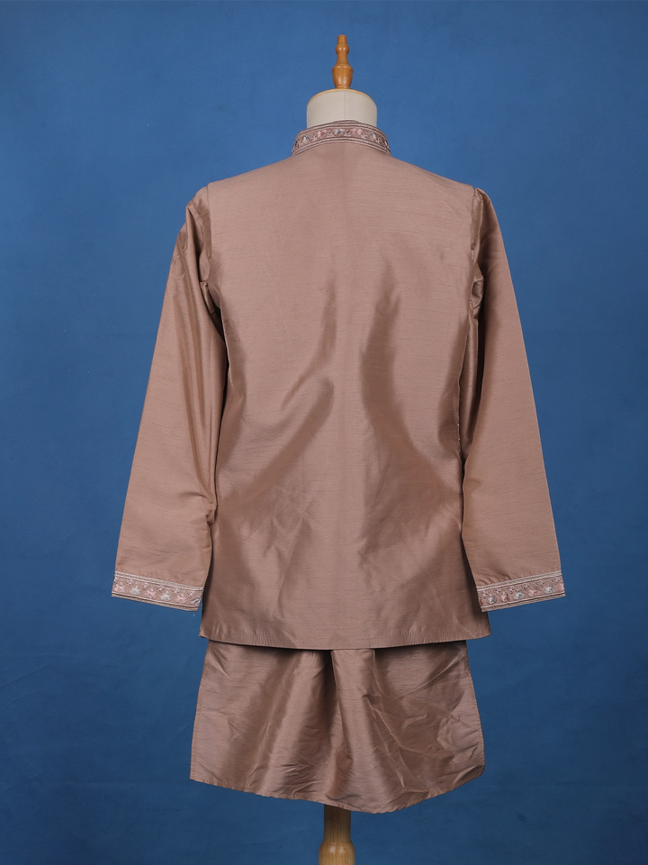 Cocoa Brown Floral Embroidered Brocade Kurta Pyjama - Diadem