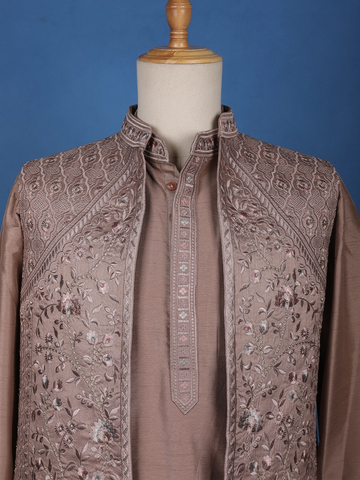 Cocoa Brown Floral Embroidered Brocade Kurta Pyjama - Diadem