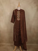 Cocoa Brown Floral Thread Embroidered Design Cotton Straight Cut Salwar Suit with Dupatta