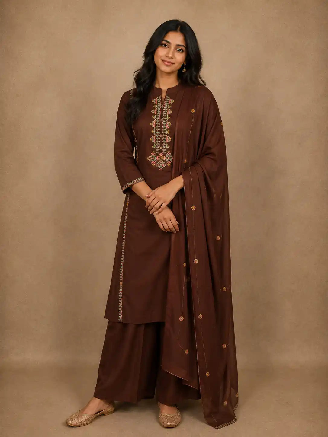 Cocoa Brown Floral Thread Embroidered Design Cotton Straight Cut Salwar Suit with Dupatta