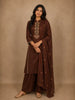 Cocoa Brown Floral Thread Embroidered Design Cotton Straight Cut Salwar Suit with Dupatta