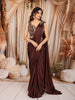 Coffee Brown Abstract Sequins and Beads Embroidered Design Satin Ready to Wear Draped Saree with Matching Designer Blouse