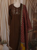 Coffee Brown Floral Sequins Embroidered Design Cotton Straight Cut Salwar Suit with Dupatta