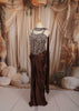 Coffee Brown Floral Vine Sequins and Beads Embroidered Design Crepe Ready to Wear Draped Saree with Matching Designer Corset Blouse