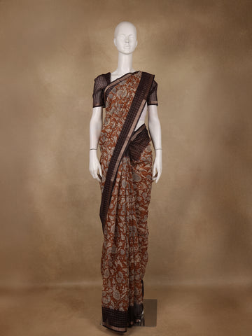 Coffee Brown Kalamkari Printed Tussar Silk Saree - Diadem