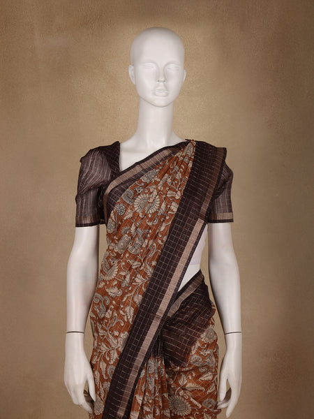 Coffee Brown Kalamkari Printed Tussar Silk Saree - Diadem