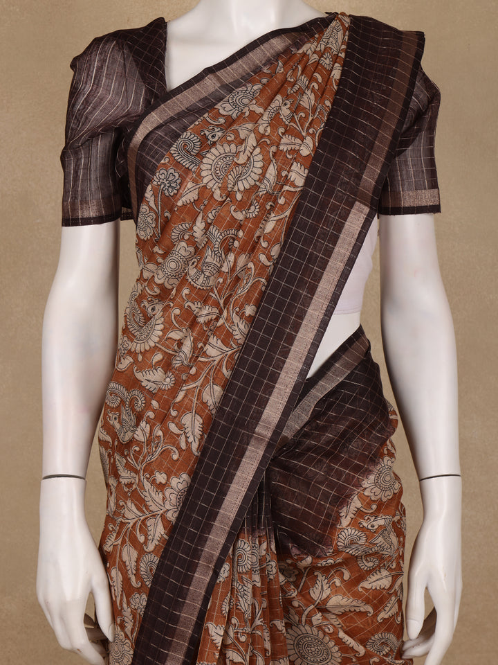Coffee Brown Kalamkari Printed Tussar Silk Saree - Diadem