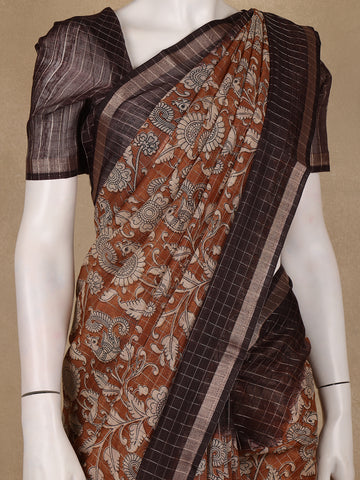 Coffee Brown Kalamkari Printed Tussar Silk Saree - Diadem