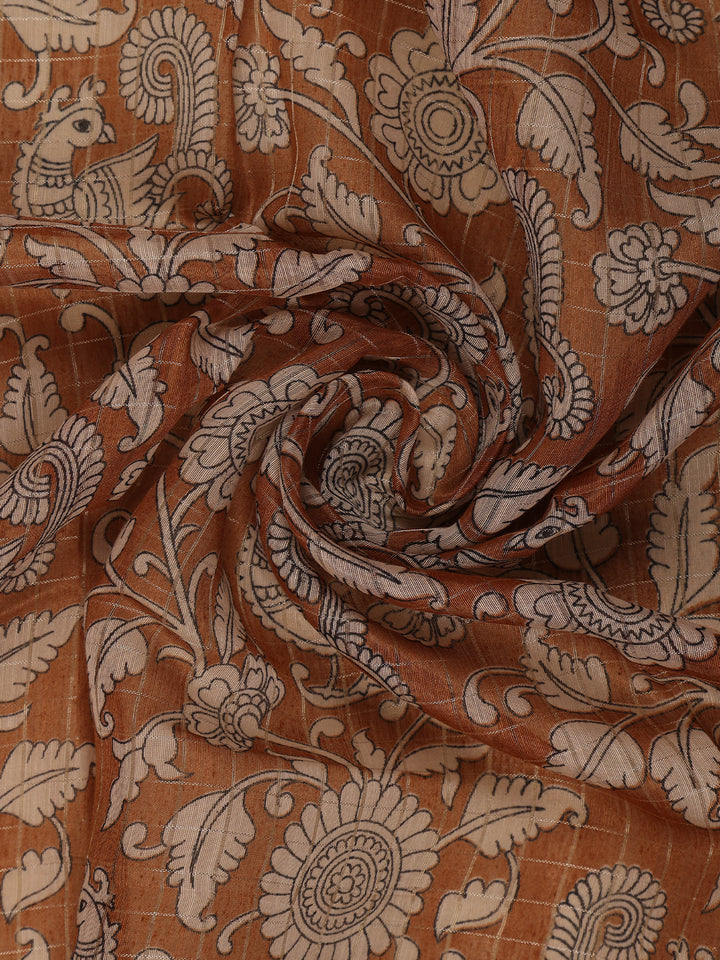 Coffee Brown Kalamkari Printed Tussar Silk Saree - Diadem