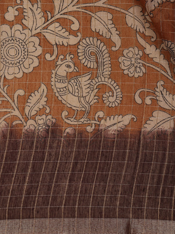 Coffee Brown Kalamkari Printed Tussar Silk Saree - Diadem