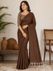 Coffee Brown Solid Design Cotton Casual Wear Saree with Kalamkari Blouse