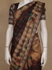 Coffee Brown and Beige Checked Floral Design Cotton Saree