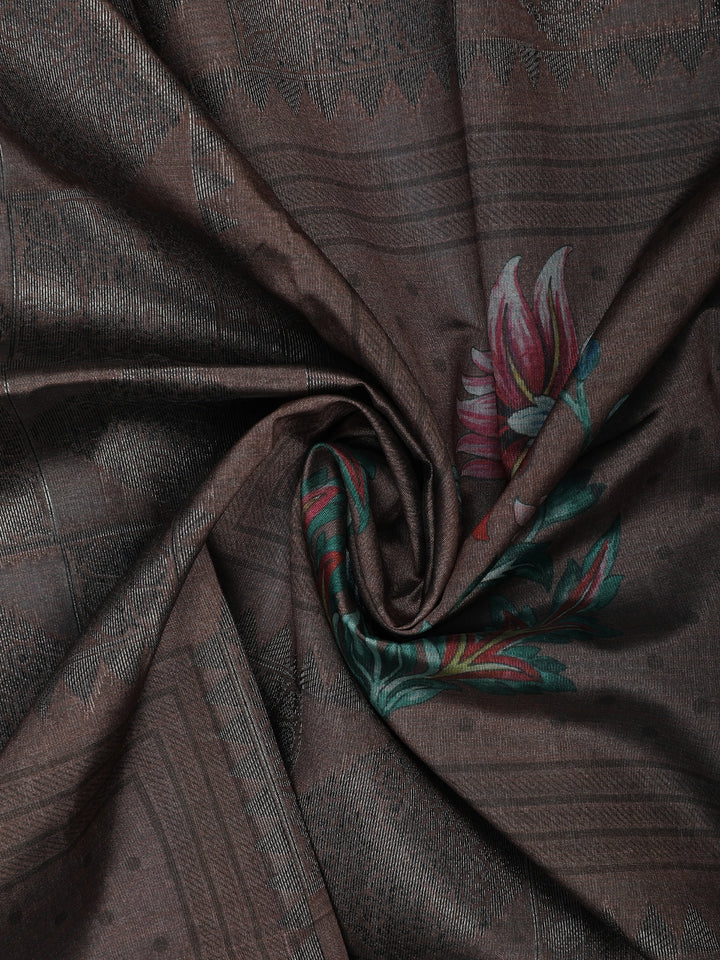 Coffee Brown floral Design Semi Tissue Saree - Diadem