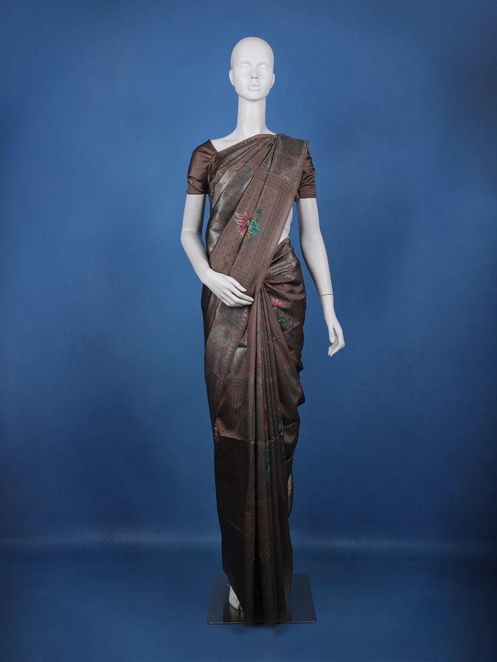 Coffee Brown floral Design Semi Tissue Saree - Diadem