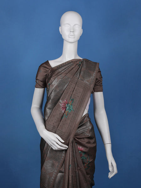 Coffee Brown floral Design Semi Tissue Saree - Diadem