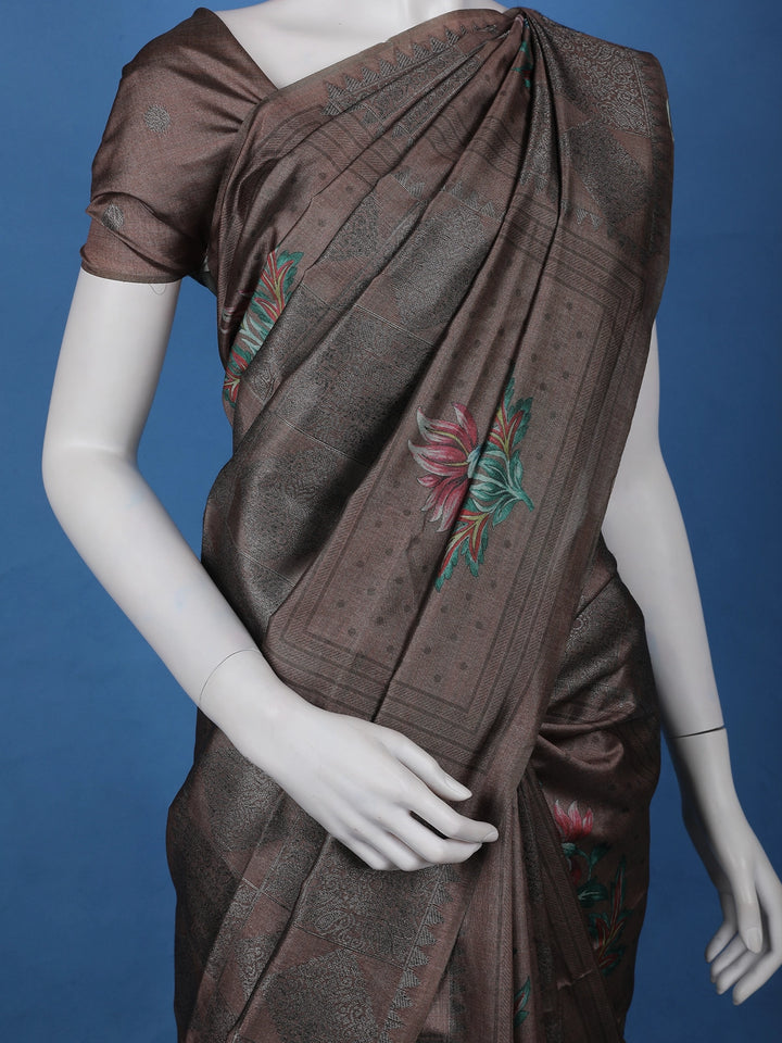 Coffee Brown floral Design Semi Tissue Saree - Diadem