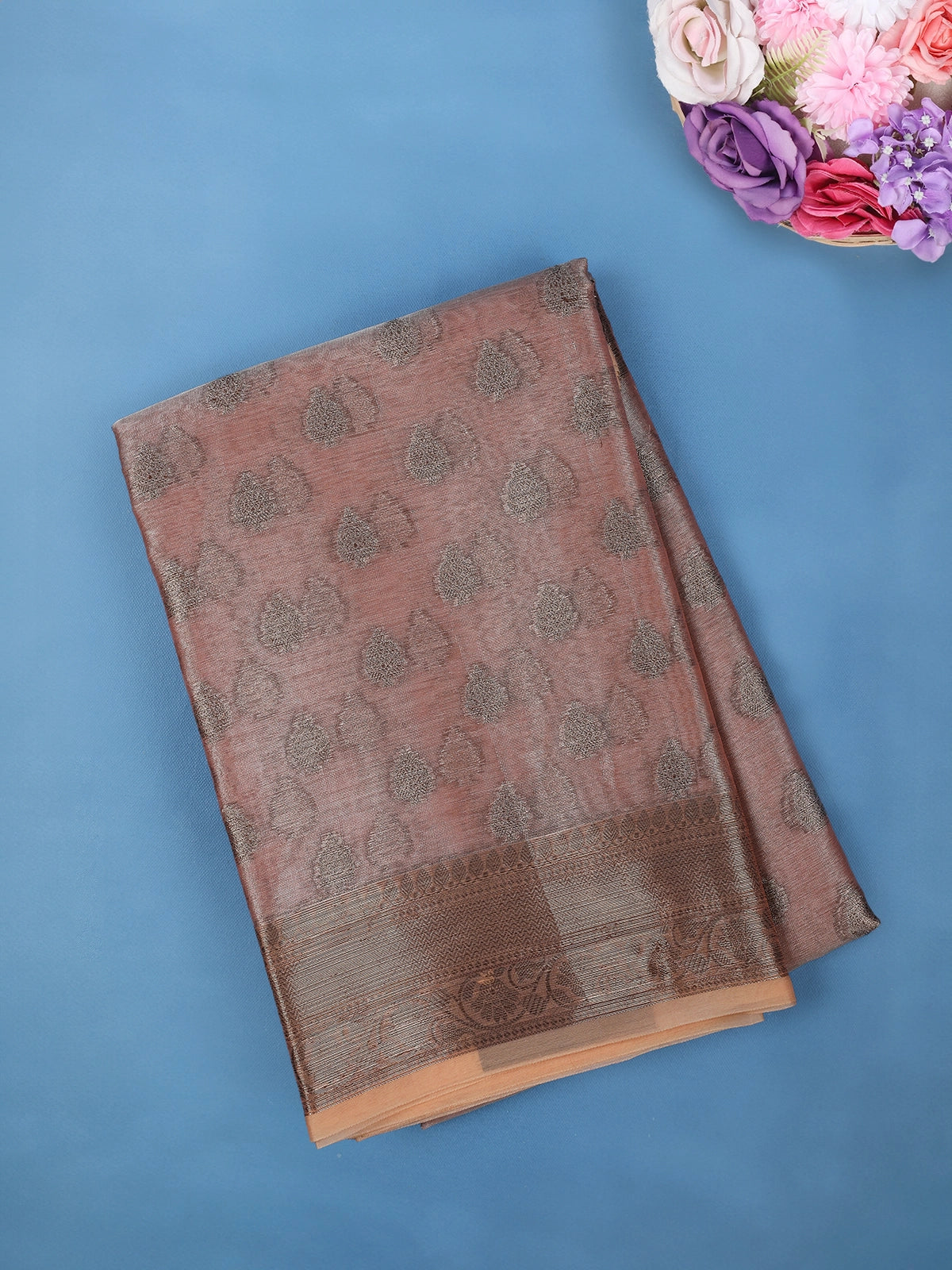 Coffee Brown Coral Floral Design Woven Tissue Silk Saree - Diadem