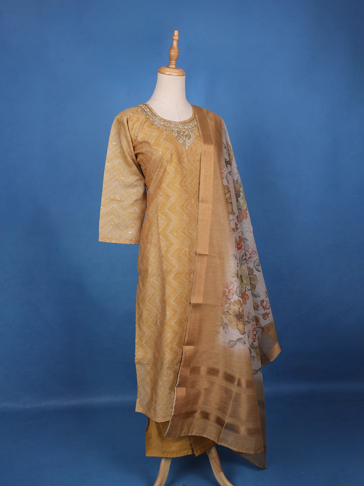 Coffee Brown Floral Design Printed Organza Salwar Suit - Diadem