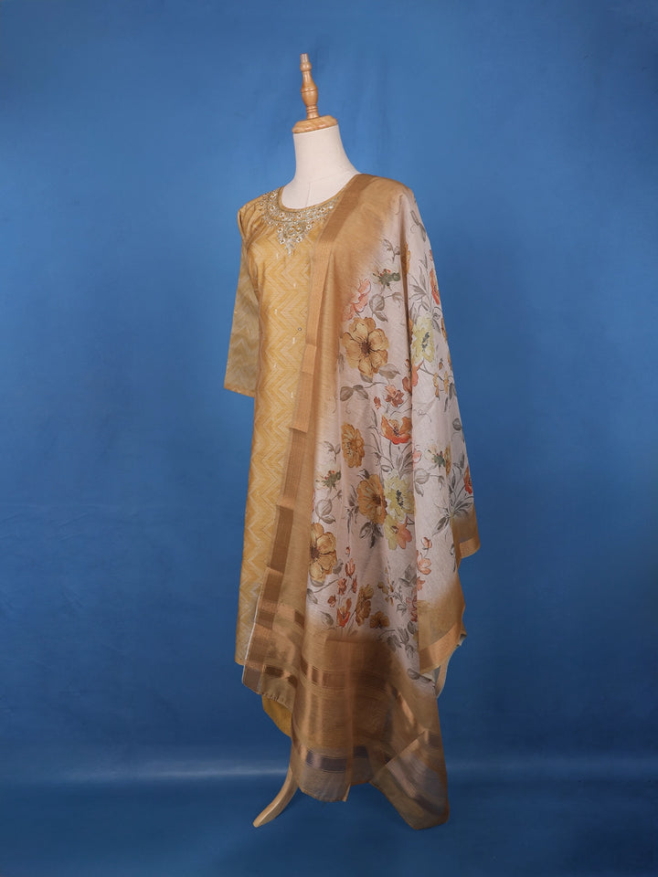 Coffee Brown Floral Design Printed Organza Salwar Suit - Diadem
