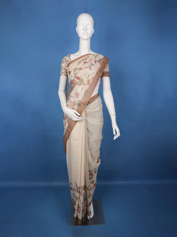 Coffee Brown Kalamkari Inspired Floral Printed Cotton Saree - Diadem