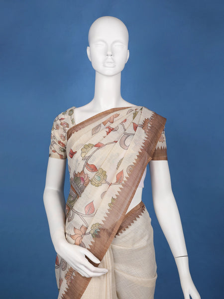 Coffee Brown Kalamkari Inspired Floral Printed Cotton Saree - Diadem
