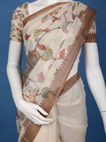 Coffee Brown Kalamkari Inspired Floral Printed Cotton Saree - Diadem