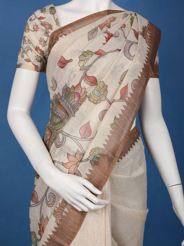 Coffee Brown Kalamkari Inspired Floral Printed Cotton Saree - Diadem