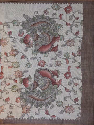 Coffee Brown Kalamkari Inspired Floral Printed Cotton Saree - Diadem