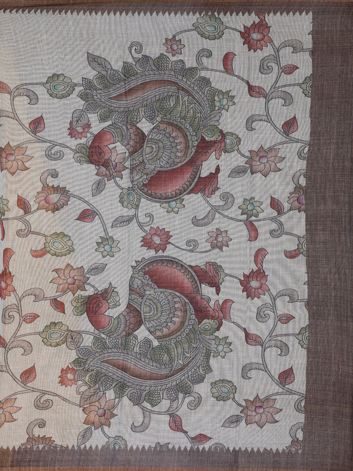 Coffee Brown Kalamkari Inspired Floral Printed Cotton Saree - Diadem