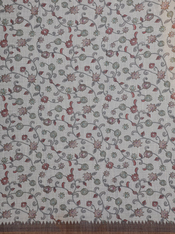Coffee Brown Kalamkari Inspired Floral Printed Cotton Saree - Diadem
