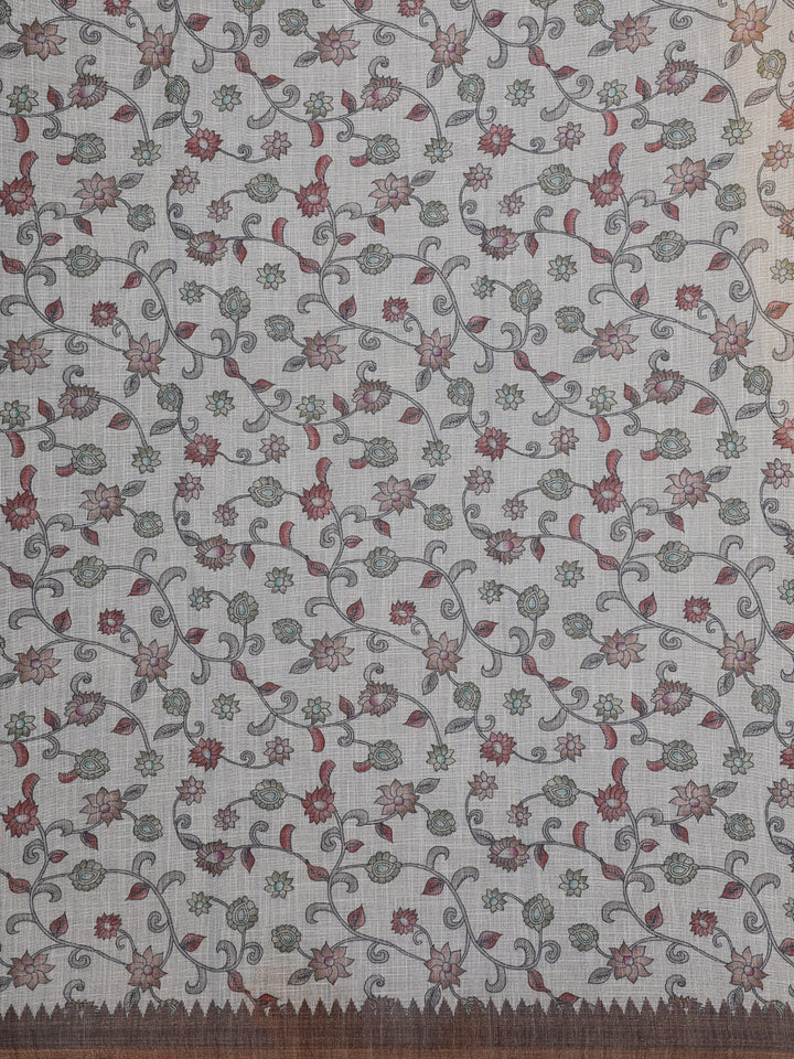 Coffee Brown Kalamkari Inspired Floral Printed Cotton Saree - Diadem