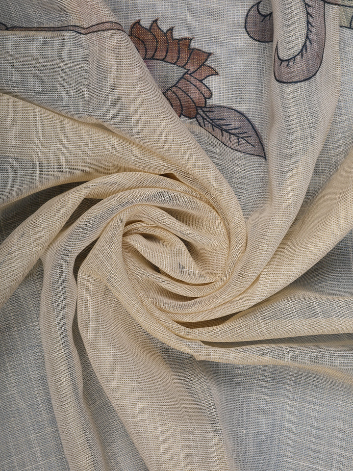 Coffee Brown Kalamkari Inspired Floral Printed Cotton Saree - Diadem