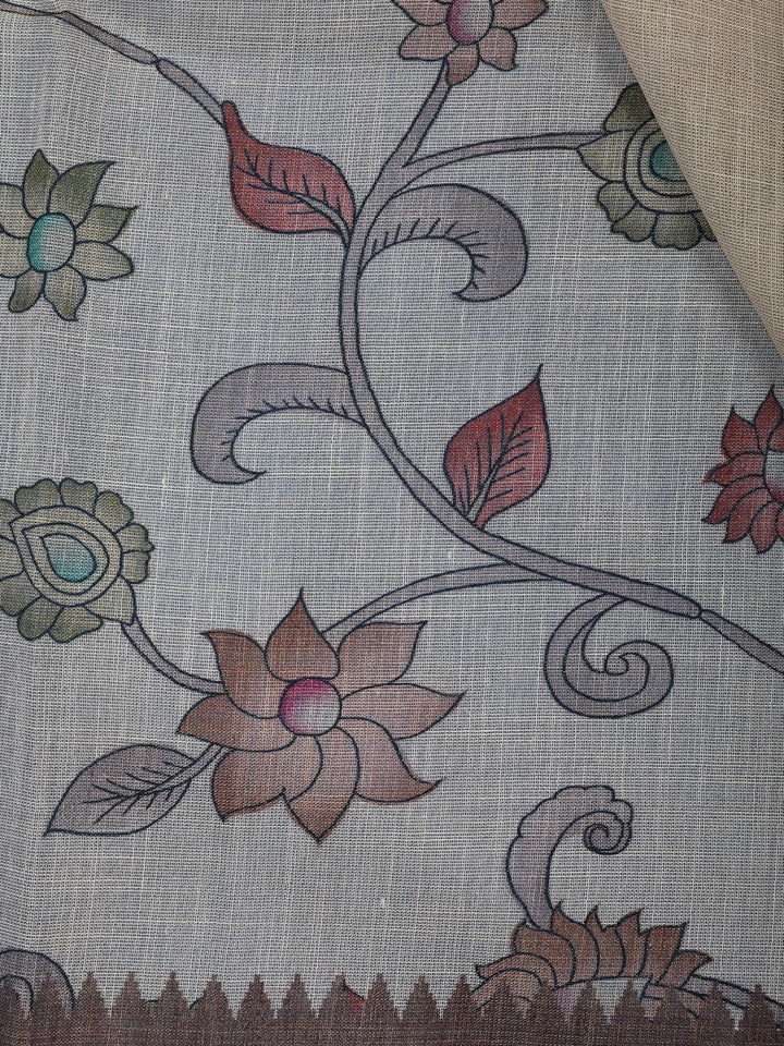 Coffee Brown Kalamkari Inspired Floral Printed Cotton Saree - Diadem
