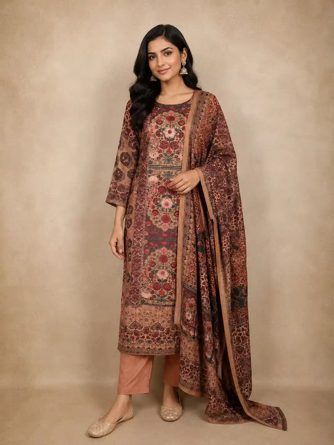 Coffee Brown Kashmiri Floral Printed Design Crepe Straight Cut Salwar Suit with Dupatta