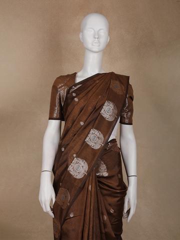 Coffee Brown Leaf Motif Woven Banarasi Silk Saree - Diadem