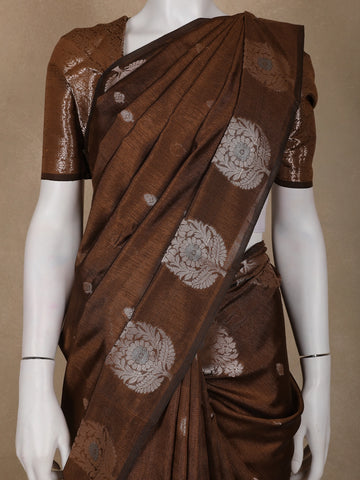 Coffee Brown Leaf Motif Woven Banarasi Silk Saree - Diadem