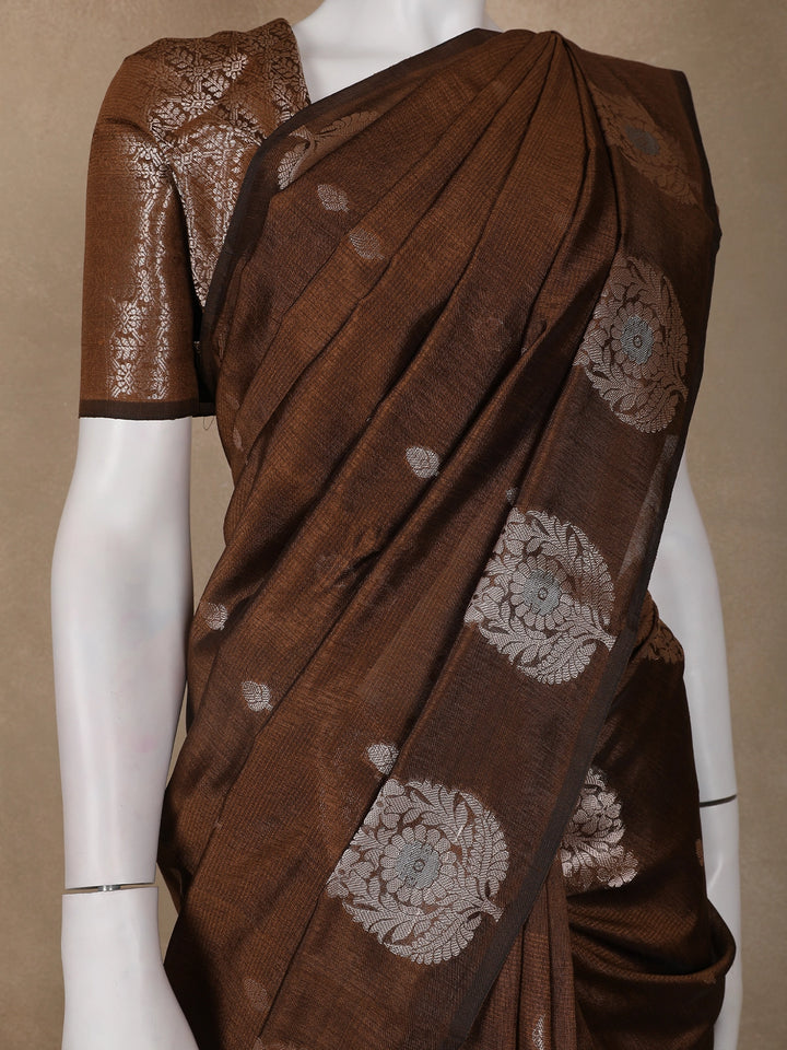 Coffee Brown Leaf Motif Woven Banarasi Silk Saree - Diadem