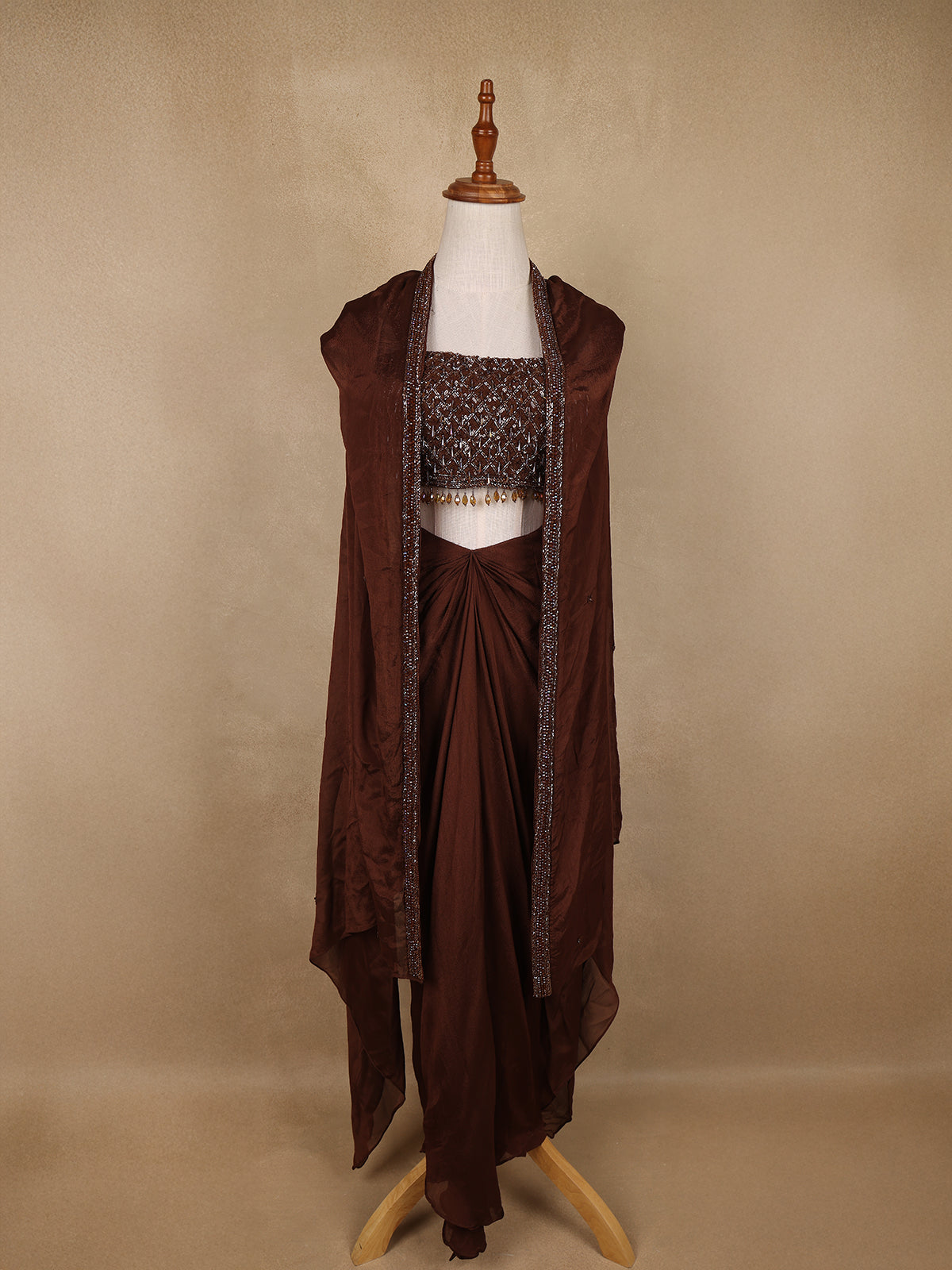 Coffee Brown Sequin Embellished Crop Top with Draped Skirt